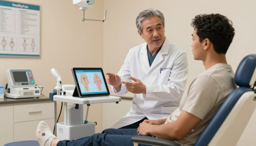 A professional consultation room with soft, warm lighting, featuring an experienced, middle-aged surgeon in a crisp white coat, standing next to a patient seated in a modern medical chair. The surgeon gestures towards a digital tablet displaying diagrams of surgical options for addressing significant skin laxity after weight loss. In the background, medical charts and equipment are tastefully arranged, creating a calm and informative atmosphere. The patient, a diverse individual in smart casual clothing, appears engaged and reassured, reflecting hope and confidence about their journey. The image captures the essence of professionalism and care in a medical setting, embodying the brand "HealthyFam".