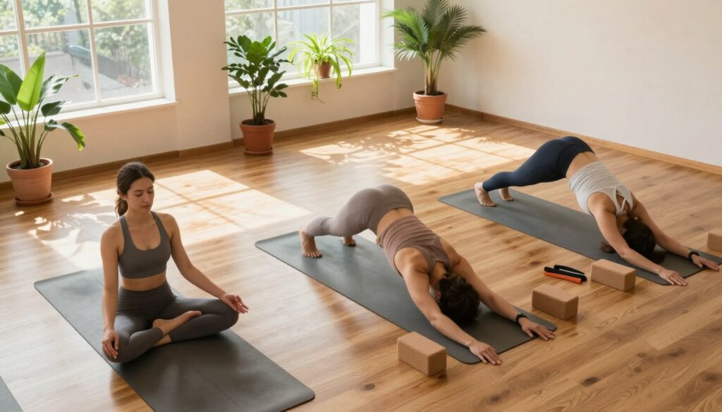 A serene indoor yoga studio bathed in soft, natural light filtering through large windows, casting gentle shadows on a polished wooden floor. In the foreground, a diverse group of three individuals practicing yoga poses: a woman in a peaceful lotus position, a man transitioning into a Warrior pose, and another person gracefully executing a downward dog, all dressed in modest, stylish yoga attire. In the middle ground, yoga mats are neatly arranged with props like blocks and straps nearby. In the background, vibrant indoor plants add a touch of nature, enhancing the calming atmosphere. The scene exudes tranquility and mindfulness, embodying the essence of integrating yoga into a daily lifestyle. The color palette is warm and inviting, evoking a sense of well-being. Render this image with a slight aerial angle to capture the full essence of the practice. HealthyFam