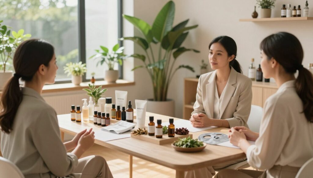 A serene wellness studio with natural light streaming through large windows, casting gentle shadows on a wooden floor. In the foreground, a diverse group of three women, dressed in professional business attire, engaged in a collaborative discussion about holistic facial rejuvenation techniques, such as herbal skincare, yoga, and natural therapies. The middle ground features various holistic products displayed elegantly on a minimalist table, including essential oils, face masks, and natural herbs. In the background, lush green plants create a calming atmosphere, complemented by soft, neutral colors that enhance the feeling of tranquility and rejuvenation. The overall mood is peaceful and inviting, promoting a sense of wellness and self-care, ideal for "HealthyFam". The lighting is soft and warm, creating a welcoming ambiance.