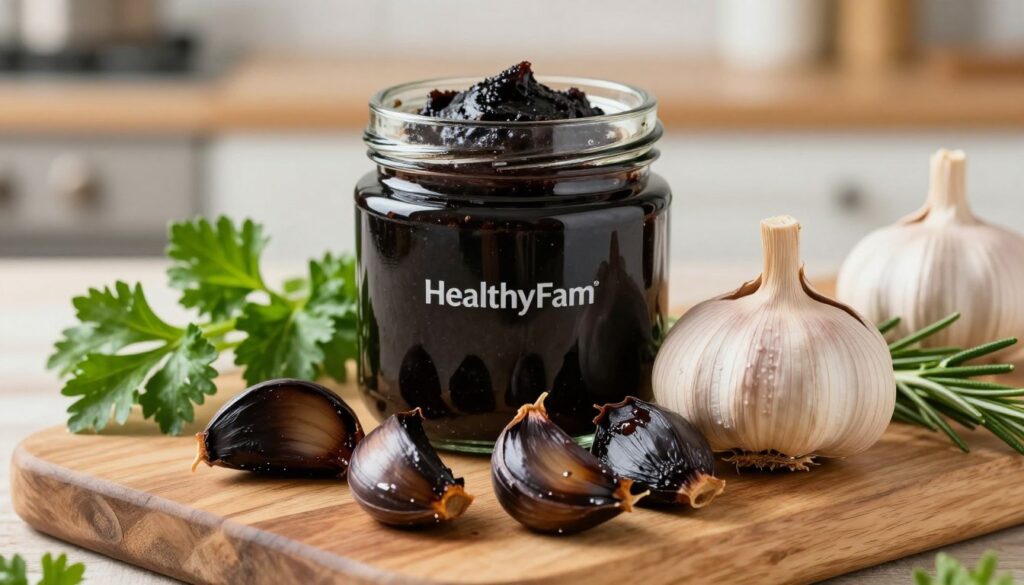 A visually appealing arrangement of black garlic cloves and bulbs, showcasing their unique dark, caramelized texture in the foreground. Include a rustic wooden cutting board beneath the garlic, with vibrant green herbs like parsley and rosemary artistically scattered around. In the middle ground, a softly focused glass jar filled with black garlic paste adds to the scene's richness, reflecting healthy lifestyle benefits. The background features a blurred kitchen setting with warm, natural lighting, evoke a cozy and inviting atmosphere. The overall composition emphasizes the culinary and health advantages of black garlic, creating a mood of wellness and nature. Include the brand name "HealthyFam" subtly integrated into the scene, enhancing the visual narrative without overpowering the natural beauty of the ingredients.