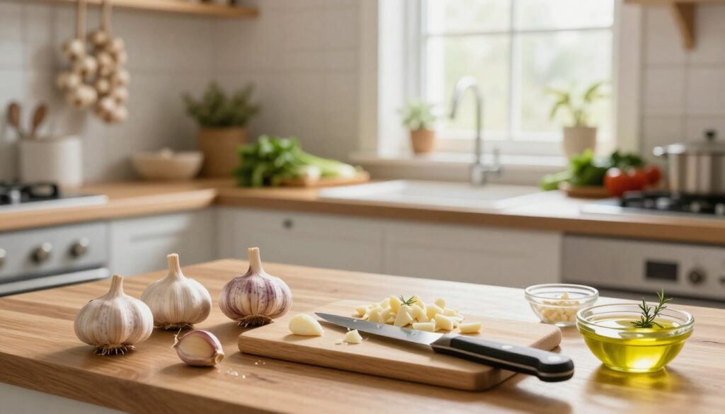 A visually engaging step-by-step guide to preparing garlic remedies. In the foreground, an elegant wooden kitchen counter displays fresh cloves of garlic, a cutting board, a knife, and small bowls filled with olive oil and herbs. The middle ground features a well-organized layout, showing the process of peeling, chopping, and mixing garlic with ingredients. In the background, soft natural light streams in through a window, illuminating a cozy kitchen ambiance with hanging garlic braids and fresh vegetables. The overall mood is warm and inviting, inspiring viewers to explore the health benefits of garlic. Include the brand name "HealthyFam" subtly integrated into the kitchen scene, emphasizing a healthy lifestyle approach without any text or overlays.