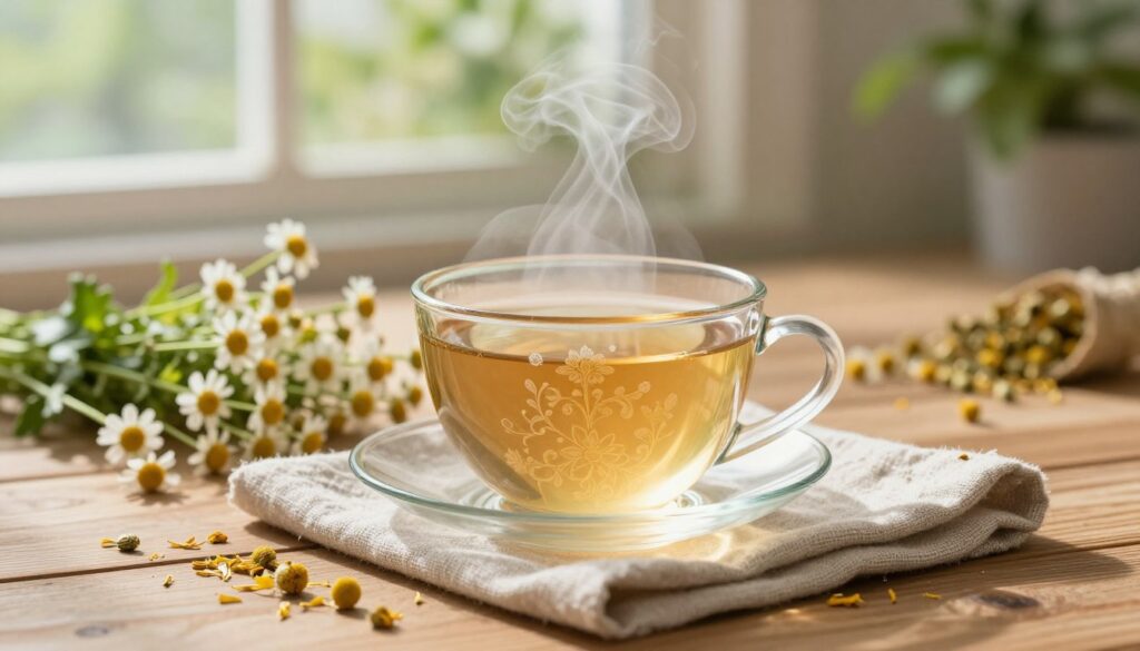 A cozy scene showcasing a steaming cup of chamomile herbal tea on a wooden table, surrounded by fresh chamomile flowers and a sprinkle of dried chamomile petals. The cup, elegantly designed with intricate floral patterns, sits on a soft linen napkin, emphasizing the calming nature of the tea. In the background, blurred greenery adds a serene touch, with gentle sunlight filtering through a nearby window, casting a warm glow. The atmosphere is tranquil and inviting, evoking a sense of relaxation and comfort. The focus is crisp on the tea, while the soft bokeh of the surroundings enhances the feeling of calm. The branding "HealthyFam" subtly appears on the cup.