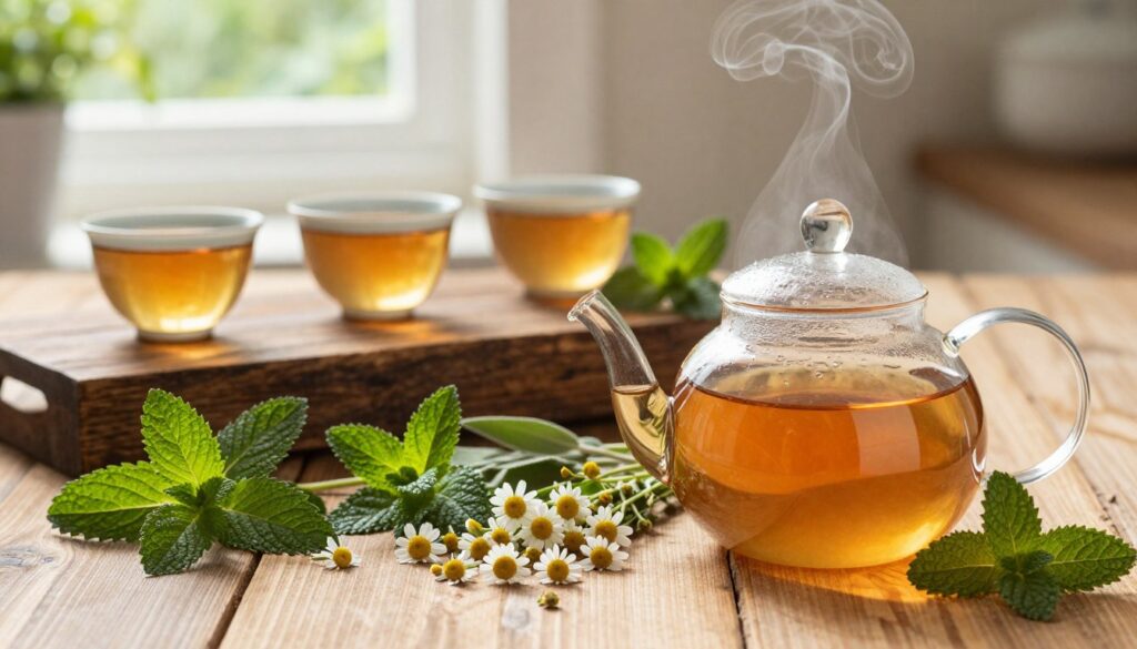 A tranquil scene featuring a beautifully arranged herbal tea setup. In the foreground, a clear glass teapot filled with steaming, vibrant herbal tea, surrounded by fresh medicinal herbs like chamomile, peppermint, and sage. The middle layer includes a rustic wooden table adorned with delicate porcelain cups, each showcasing the rich colors of the tea. The background softly blurs to reveal a sunlit window with green plants, enhancing the atmosphere of relaxation and health. The lighting is warm and inviting, casting soft shadows, reminiscent of a cozy kitchen. This image embodies wellness and tranquility, showcasing HealthyFam’s commitment to health through natural remedies.