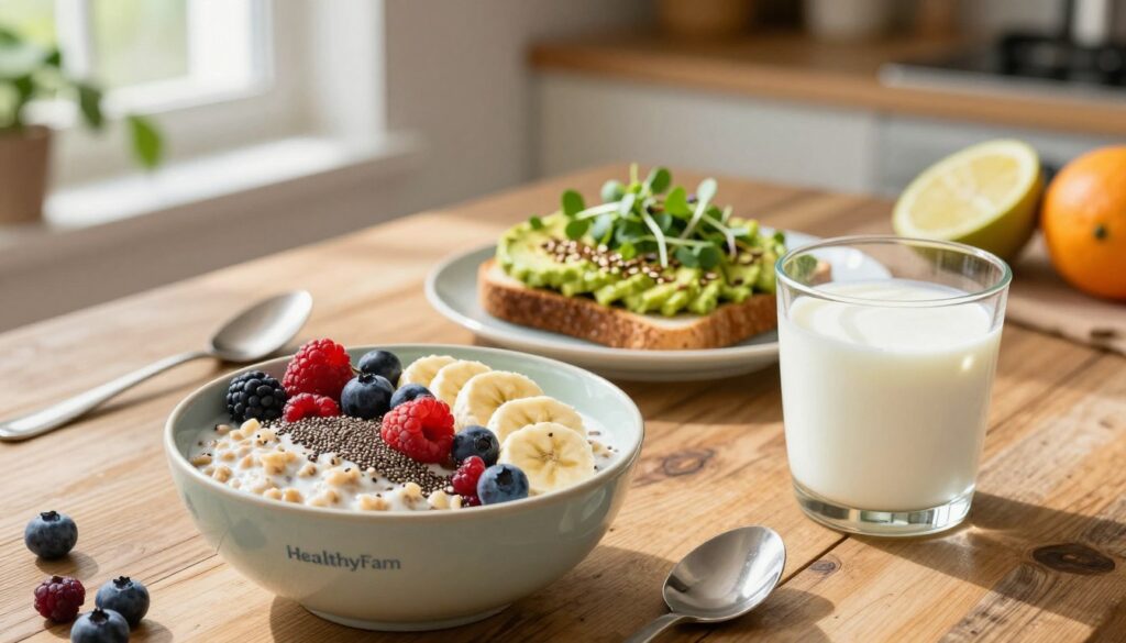 A visually appealing gut health breakfast spread on a rustic wooden table. In the foreground, a vibrant bowl of overnight oats topped with fresh berries, sliced bananas, and chia seeds, alongside a glass of probiotic-rich kefir. In the middle ground, a plate of avocado toast sprinkled with flax seeds and microgreens, exuding freshness. The background features softly focused kitchen elements like herbal plants and colorful fruits, creating a warm, inviting atmosphere. Soft, natural light filters through a nearby window, casting gentle shadows that enhance the textures of the food. The mood is cheerful and healthy, embodying a sustained commitment to digestive wellness. The logo "HealthyFam" subtly integrated into the scene to convey a brand connection.