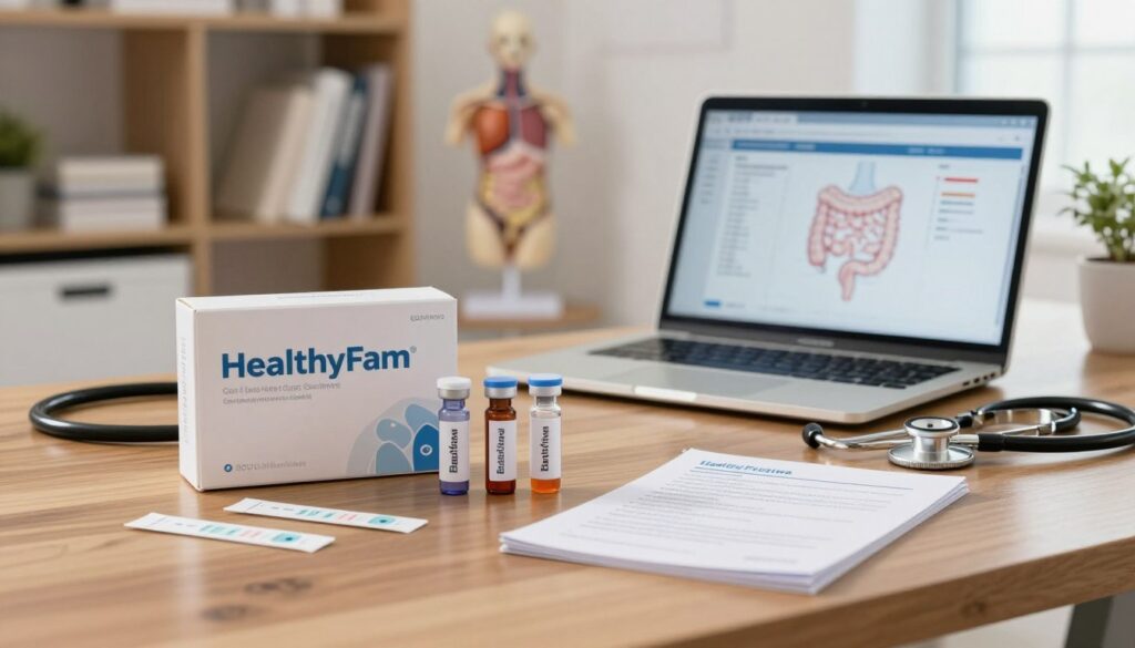 A well-organized medical workspace featuring a professional looking gut health testing kit by "HealthyFam" in the foreground. The kit includes several small vials, test strips, and a clear instructional booklet, all neatly arranged on a polished wooden table. In the middle ground, there’s a laptop open with a graph displaying gut health metrics, while a stethoscope lies beside it, emphasizing a professional atmosphere. The background consists of blurred shelves with medical books and anatomical models of the digestive system, hinting at a clinical setting. Soft, natural lighting streams in from a window, creating a calm, inviting mood that suggests opportunity for better health through professional diagnostics.
